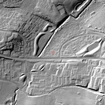 Shaded relief map of the ground around B145UU, computed from Environment Agency LiDAR. The ground here sits at about 146 m above sea level and falls 32 m across the surrounding 800 m. Surface water reaching this point runs off ground lying to the south-east, 3.5 m higher.