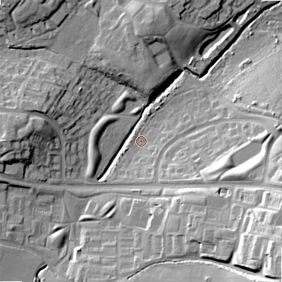 Shaded relief map of the ground around B145UX, computed from Environment Agency LiDAR. The ground here sits at about 145 m above sea level and falls 32 m across the surrounding 800 m. Surface water reaching this point runs off ground lying to the south-south-east, 4.7 m higher.