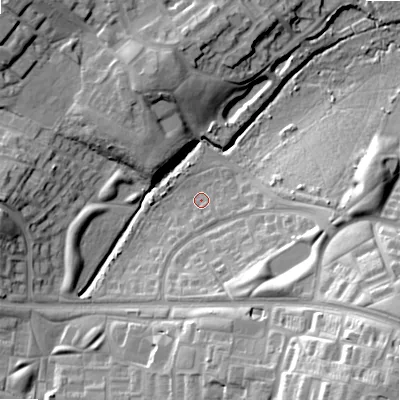 Shaded relief map of the ground around B145UZ, computed from Environment Agency LiDAR. The ground here sits at about 144 m above sea level and falls 36 m across the surrounding 800 m. Surface water reaching this point runs off ground lying to the south-east, 14.4 m higher.
