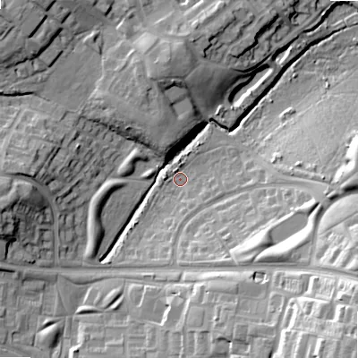 Shaded relief map of the ground around B145XA, computed from Environment Agency LiDAR. The ground here sits at about 144 m above sea level and falls 33 m across the surrounding 800 m. Surface water reaching this point runs off ground lying to the south, 5.4 m higher.