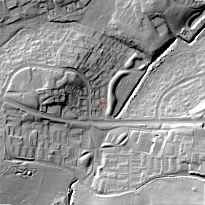 Shaded relief map of the ground around B145XN, computed from Environment Agency LiDAR. The ground here sits at about 147 m above sea level and falls 20 m across the surrounding 800 m. Surface water reaching this point runs off ground lying to the north-west, 7.0 m higher.
