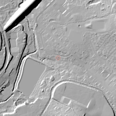 Shaded relief map of the ground around B146QL, computed from Environment Agency LiDAR. The ground here sits at about 131 m above sea level and falls 28 m across the surrounding 800 m. Surface water reaching this point runs off ground lying to the south-south-east, 22.9 m higher.