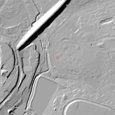 Shaded relief map of the ground around B146QN, computed from Environment Agency LiDAR. The ground here sits at about 130 m above sea level and falls 25 m across the surrounding 800 m. Surface water reaching this point runs off ground lying to the west-south-west, 22.2 m higher.