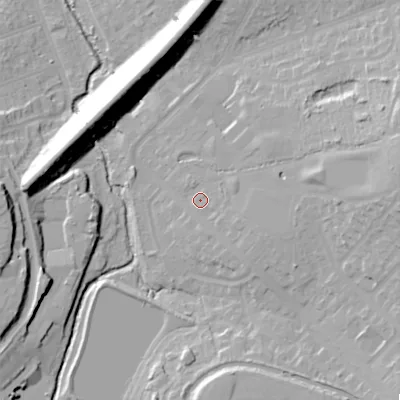 Shaded relief map of the ground around B146QR, computed from Environment Agency LiDAR. The ground here sits at about 133 m above sea level and falls 24 m across the surrounding 800 m. Surface water reaching this point runs off ground lying to the east-south-east, 5.9 m higher.