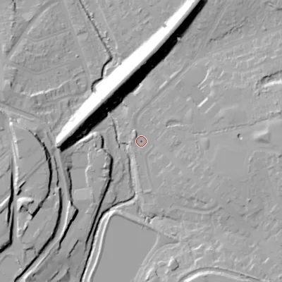 Shaded relief map of the ground around B146QU, computed from Environment Agency LiDAR. The ground here sits at about 129 m above sea level and falls 26 m across the surrounding 800 m. Surface water reaching this point runs off ground lying to the west, 19.9 m higher.