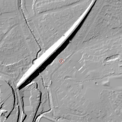 Shaded relief map of the ground around B146RP, computed from Environment Agency LiDAR. The ground here sits at about 130 m above sea level and falls 26 m across the surrounding 800 m. Surface water reaching this point runs off ground lying to the east-north-east, 1.8 m higher.