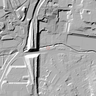 Shaded relief map of the ground around B152GG, computed from Environment Agency LiDAR. The ground here sits at about 124 m above sea level and falls 33 m across the surrounding 800 m. Surface water reaching this point runs off ground lying to the west-north-west, 21.3 m higher.