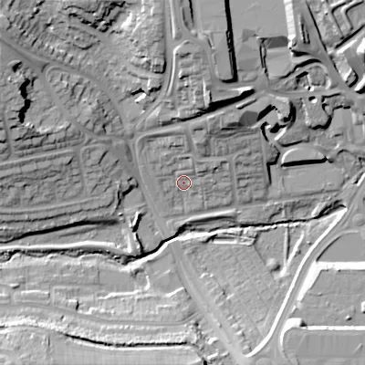 Shaded relief map of the ground around B152SN, computed from Environment Agency LiDAR. The ground here sits at about 130 m above sea level and falls 29 m across the surrounding 800 m. Surface water reaching this point runs off ground lying to the north-north-east, 9.2 m higher.
