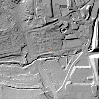 Shaded relief map of the ground around B152SW, computed from Environment Agency LiDAR. The ground here sits at about 129 m above sea level and falls 29 m across the surrounding 800 m. Surface water reaching this point runs off ground lying to the north-north-west, 24.1 m higher.