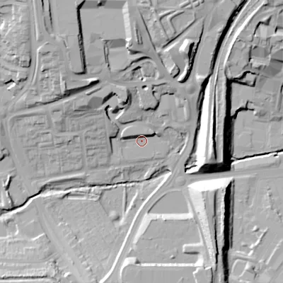 Shaded relief map of the ground around B152SY, computed from Environment Agency LiDAR. The ground here sits at about 128 m above sea level and falls 32 m across the surrounding 800 m. Surface water reaching this point runs off ground lying to the north-west, 12.6 m higher.