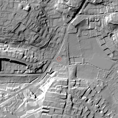 Shaded relief map of the ground around B153JD, computed from Environment Agency LiDAR. The ground here sits at about 138 m above sea level and falls 31 m across the surrounding 800 m. Surface water reaching this point runs off ground lying to the north-west, 23.9 m higher.