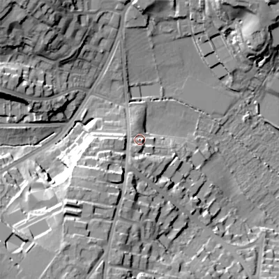 Shaded relief map of the ground around B153RP, computed from Environment Agency LiDAR. The ground here sits at about 142 m above sea level and falls 31 m across the surrounding 800 m. Surface water reaching this point runs off ground lying to the south-south-west, 6.3 m higher.