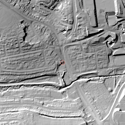 Shaded relief map of the ground around B170NT, computed from Environment Agency LiDAR. The ground here sits at about 132 m above sea level and falls 33 m across the surrounding 800 m. Surface water reaching this point runs off ground lying to the north-west, 26.9 m higher.