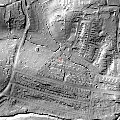 Shaded relief map of the ground around B170QQ, computed from Environment Agency LiDAR. The ground here sits at about 140 m above sea level and falls 41 m across the surrounding 800 m. Surface water reaching this point runs off ground lying to the west-south-west, 12.8 m higher.