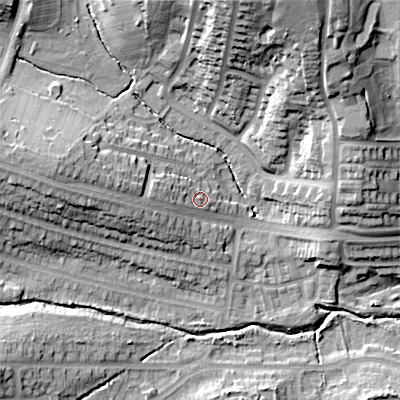 Shaded relief map of the ground around B170RL, computed from Environment Agency LiDAR. The ground here sits at about 140 m above sea level and falls 35 m across the surrounding 800 m. Surface water reaching this point runs off ground lying to the west, 6.1 m higher.
