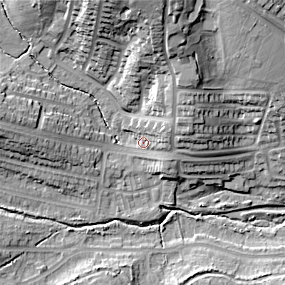 Shaded relief map of the ground around B170RN, computed from Environment Agency LiDAR. The ground here sits at about 138 m above sea level and falls 34 m across the surrounding 800 m. Surface water reaching this point runs off ground lying to the north, 30.6 m higher.