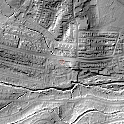 Shaded relief map of the ground around B170RP, computed from Environment Agency LiDAR. The ground here sits at about 136 m above sea level and falls 32 m across the surrounding 800 m. Surface water reaching this point runs off ground lying to the north-east, 14.4 m higher.