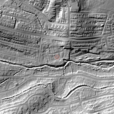 Shaded relief map of the ground around B170SD, computed from Environment Agency LiDAR. The ground here sits at about 135 m above sea level and falls 25 m across the surrounding 800 m. Surface water reaching this point runs off ground lying to the north-north-east, 20.8 m higher.