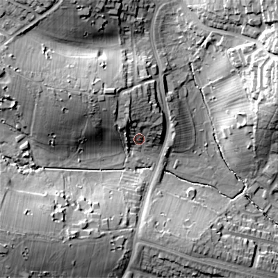Shaded relief map of the ground around B170TB, computed from Environment Agency LiDAR. The ground here sits at about 148 m above sea level and falls 31 m across the surrounding 800 m. Surface water reaching this point runs off ground lying to the north, 9.8 m higher.