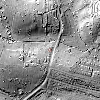 Shaded relief map of the ground around B170TD, computed from Environment Agency LiDAR. The ground here sits at about 147 m above sea level and falls 30 m across the surrounding 800 m. Surface water reaching this point runs off ground lying to the west-south-west, 14.4 m higher.
