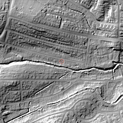 Shaded relief map of the ground around B170TL, computed from Environment Agency LiDAR. The ground here sits at about 136 m above sea level and falls 22 m across the surrounding 800 m. Surface water reaching this point runs off ground lying to the west-north-west, 14.5 m higher.