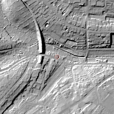 Shaded relief map of the ground around B179HD, computed from Environment Agency LiDAR. The ground here sits at about 147 m above sea level and falls 28 m across the surrounding 800 m. Surface water reaching this point runs off ground lying to the west-south-west, 13.2 m higher.