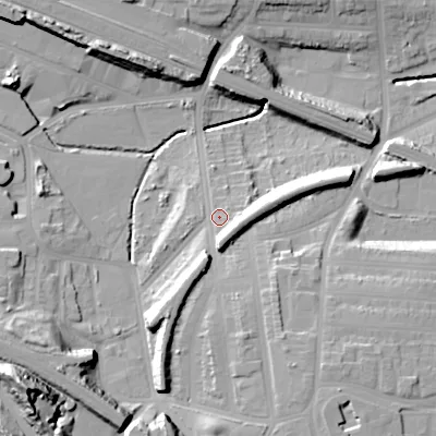 Shaded relief map of the ground around B184LX, computed from Environment Agency LiDAR. The ground here sits at about 135 m above sea level and falls 37 m across the surrounding 800 m. Surface water reaching this point runs off ground lying to the south, 9.0 m higher.