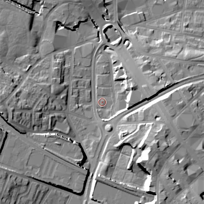 Shaded relief map of the ground around B185AU, computed from Environment Agency LiDAR. The ground here sits at about 117 m above sea level and falls 29 m across the surrounding 800 m. Surface water reaching this point runs off ground lying to the south-east, 21.4 m higher.
