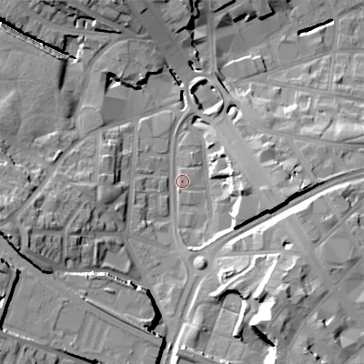 Shaded relief map of the ground around B185BA, computed from Environment Agency LiDAR. The ground here sits at about 117 m above sea level and falls 33 m across the surrounding 800 m. Surface water reaching this point runs off ground lying to the south-south-east, 24.0 m higher.