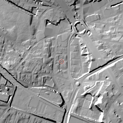 Shaded relief map of the ground around B185BB, computed from Environment Agency LiDAR. The ground here sits at about 118 m above sea level and falls 33 m across the surrounding 800 m. Surface water reaching this point runs off ground lying to the south-west, 2.5 m higher.