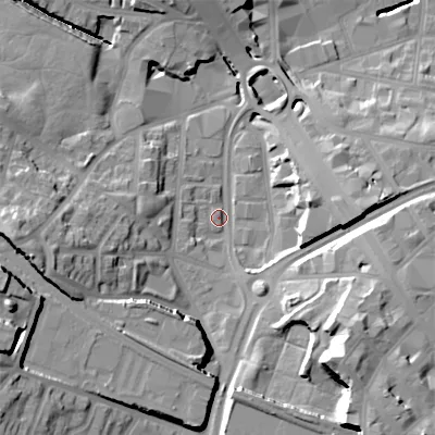 Shaded relief map of the ground around B185BD, computed from Environment Agency LiDAR. The ground here sits at about 117 m above sea level and falls 33 m across the surrounding 800 m. Surface water reaching this point runs off ground lying to the south-east, 23.9 m higher.