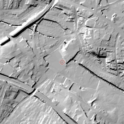 Shaded relief map of the ground around B185JJ, computed from Environment Agency LiDAR. The ground here sits at about 120 m above sea level and falls 28 m across the surrounding 800 m. Surface water reaching this point runs off ground lying to the north-east, 25.6 m higher.