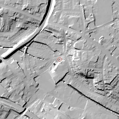 Shaded relief map of the ground around B185JT, computed from Environment Agency LiDAR. The ground here sits at about 122 m above sea level and falls 29 m across the surrounding 800 m. Surface water reaching this point runs off ground lying to the east, 19.5 m higher.