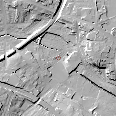 Shaded relief map of the ground around B185JU, computed from Environment Agency LiDAR. The ground here sits at about 119 m above sea level and falls 28 m across the surrounding 800 m. Surface water reaching this point runs off ground lying to the west-south-west, 6.1 m higher.