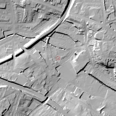 Shaded relief map of the ground around B185JX, computed from Environment Agency LiDAR. The ground here sits at about 120 m above sea level and falls 28 m across the surrounding 800 m. Surface water reaching this point runs off ground lying to the west, 10.5 m higher.
