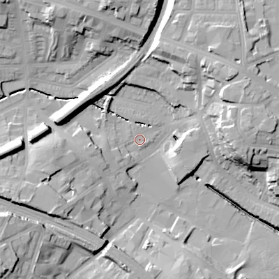 Shaded relief map of the ground around B185JY, computed from Environment Agency LiDAR. The ground here sits at about 120 m above sea level and falls 28 m across the surrounding 800 m. Surface water reaching this point runs off ground lying to the south-west, 22.3 m higher.