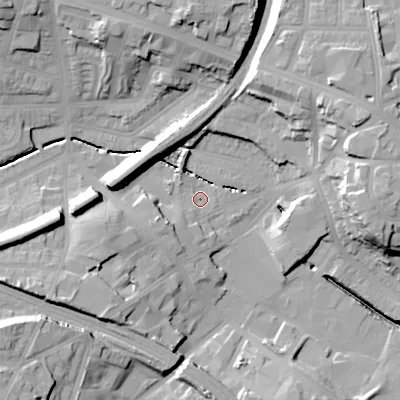 Shaded relief map of the ground around B185JZ, computed from Environment Agency LiDAR. The ground here sits at about 120 m above sea level and falls 28 m across the surrounding 800 m. Surface water reaching this point runs off ground lying to the west, 15.7 m higher.