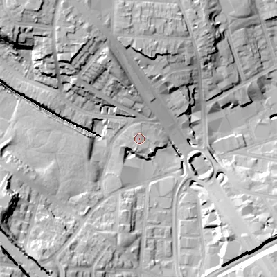 Shaded relief map of the ground around B185LU, computed from Environment Agency LiDAR. The ground here sits at about 119 m above sea level and falls 33 m across the surrounding 800 m. Surface water reaching this point runs off ground lying to the north-north-west, 18.6 m higher.