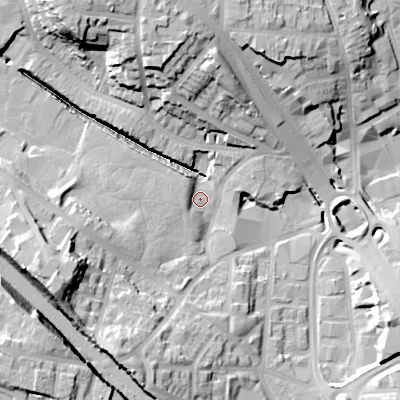 Shaded relief map of the ground around B185LY, computed from Environment Agency LiDAR. The ground here sits at about 117 m above sea level and falls 30 m across the surrounding 800 m. Surface water reaching this point runs off ground lying to the south-west, 12.4 m higher.