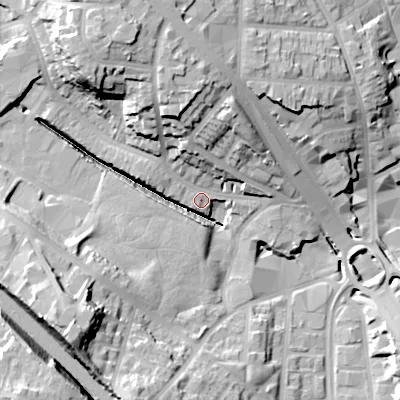 Shaded relief map of the ground around B185NA, computed from Environment Agency LiDAR. The ground here sits at about 120 m above sea level and falls 30 m across the surrounding 800 m. Surface water reaching this point runs off ground lying to the north-west, 27.4 m higher.