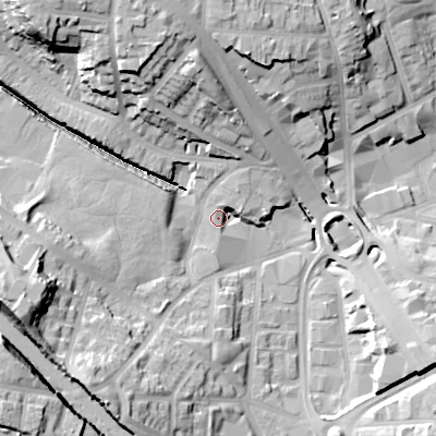 Shaded relief map of the ground around B185NL, computed from Environment Agency LiDAR. The ground here sits at about 117 m above sea level and falls 30 m across the surrounding 800 m. Surface water reaching this point runs off ground lying to the west-south-west, 27.1 m higher.