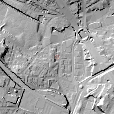 Shaded relief map of the ground around B185PL, computed from Environment Agency LiDAR. The ground here sits at about 118 m above sea level and falls 33 m across the surrounding 800 m. Surface water reaching this point runs off ground lying to the south-west, 6.4 m higher.