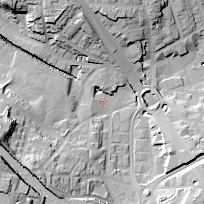 Shaded relief map of the ground around B185PP, computed from Environment Agency LiDAR. The ground here sits at about 116 m above sea level and falls 33 m across the surrounding 800 m. Surface water reaching this point runs off ground lying to the west-south-west, 25.7 m higher.