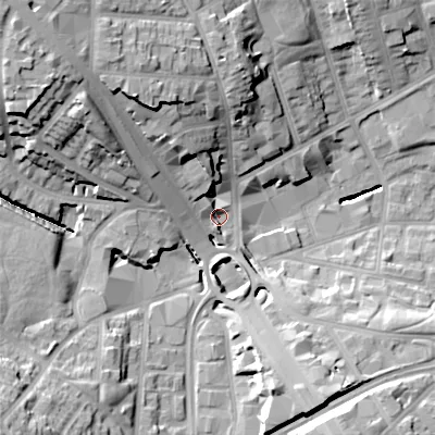 Shaded relief map of the ground around B191DP, computed from Environment Agency LiDAR. The ground here sits at about 116 m above sea level and falls 31 m across the surrounding 800 m. Surface water reaching this point runs off ground lying to the north-north-west, 12.2 m higher.