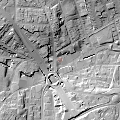 Shaded relief map of the ground around B191DS, computed from Environment Agency LiDAR. The ground here sits at about 115 m above sea level and falls 31 m across the surrounding 800 m. Surface water reaching this point runs off ground lying to the west-north-west, 25.1 m higher.