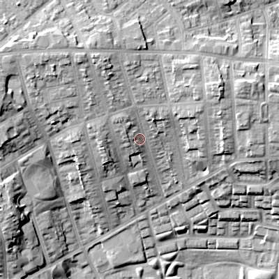 Shaded relief map of the ground around B191TW, computed from Environment Agency LiDAR. The ground here sits at about 125 m above sea level and falls 25 m across the surrounding 800 m. Surface water reaching this point runs off ground lying to the north-north-west, 9.9 m higher.