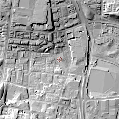 Shaded relief map of the ground around B192AD, computed from Environment Agency LiDAR. The ground here sits at about 108 m above sea level and falls 24 m across the surrounding 800 m. Surface water reaching this point runs off ground lying to the north-west, 18.5 m higher.