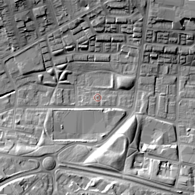 Shaded relief map of the ground around B192DB, computed from Environment Agency LiDAR. The ground here sits at about 111 m above sea level and falls 23 m across the surrounding 800 m. Surface water reaching this point runs off ground lying to the south, 1.6 m higher.