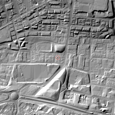 Shaded relief map of the ground around B192DD, computed from Environment Agency LiDAR. The ground here sits at about 111 m above sea level and falls 19 m across the surrounding 800 m. Surface water reaching this point runs off ground lying to the south-west, 13.2 m higher.