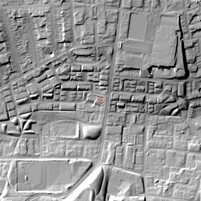 Shaded relief map of the ground around B192EL, computed from Environment Agency LiDAR. The ground here sits at about 114 m above sea level and falls 25 m across the surrounding 800 m. Surface water reaching this point runs off ground lying to the north-north-east, 4.1 m higher.
